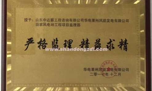 華電萊州薛家風(fēng)電場(chǎng)項(xiàng)目部榮獲“嚴(yán)格監(jiān)理，精益求精”獎(jiǎng)牌